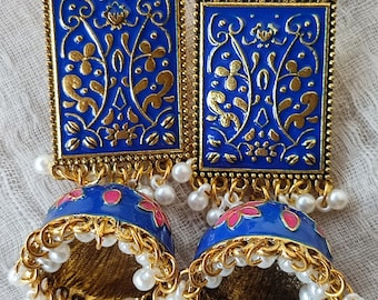 Blue Painted Jhumka Earrings: Golden Bollywood Dangle Drop