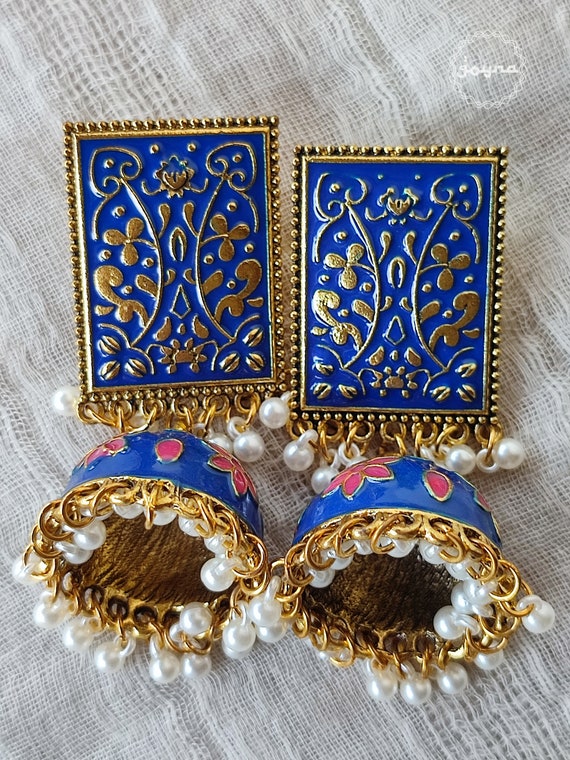 Blue Painted Jhumka Earrings: Golden Bollywood Dangle Drop