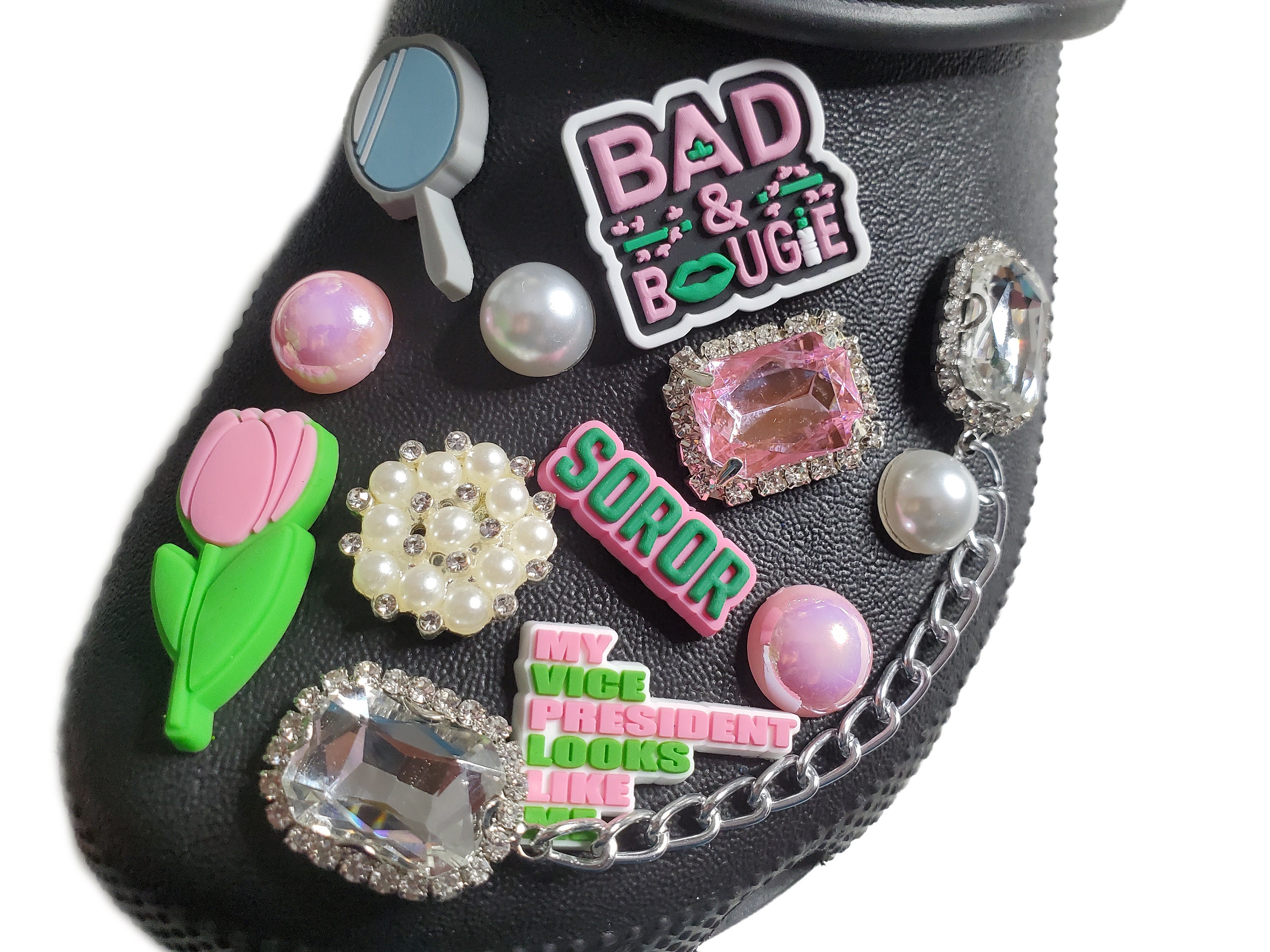 Pretty Soror Pink & Green Pearl Sorority D9 Croc Shoe Charms Schoenen Inlegzolen & Accessoires Schoenenrekken 