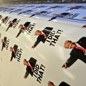 May include: A white background with a repeated pattern of a man in a suit pointing and the text "I DID THAT!" printed in black.