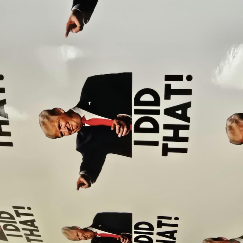 May include: A white background with a repeated image of a man in a black suit and red tie pointing with his right index finger. The text "I DID THAT!" is printed in black letters.