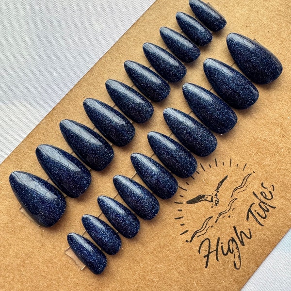 Set of 20 press on nails with full application kit- navy blue reflective nails // Fake nails, Christmas nails, Xmas nails, glitter nails