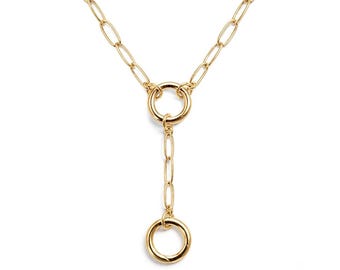 Gold Double Charm Clasp Necklace - Paperclip Chain, 14k Premium Plate - removable extension