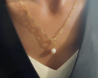 Gold Toggle Pearl Necklace - 14k premium plate, paperclip chain