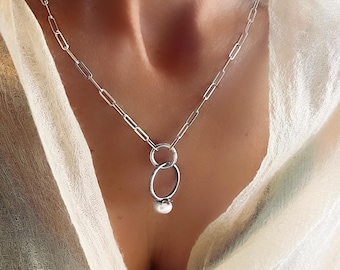 Silver Paperclip Chain Necklace with Ring Holder Clasp