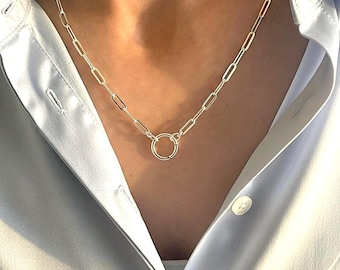 Silver Charm Keeper Necklace – Paperclip Chain, Minimalist Jewelry