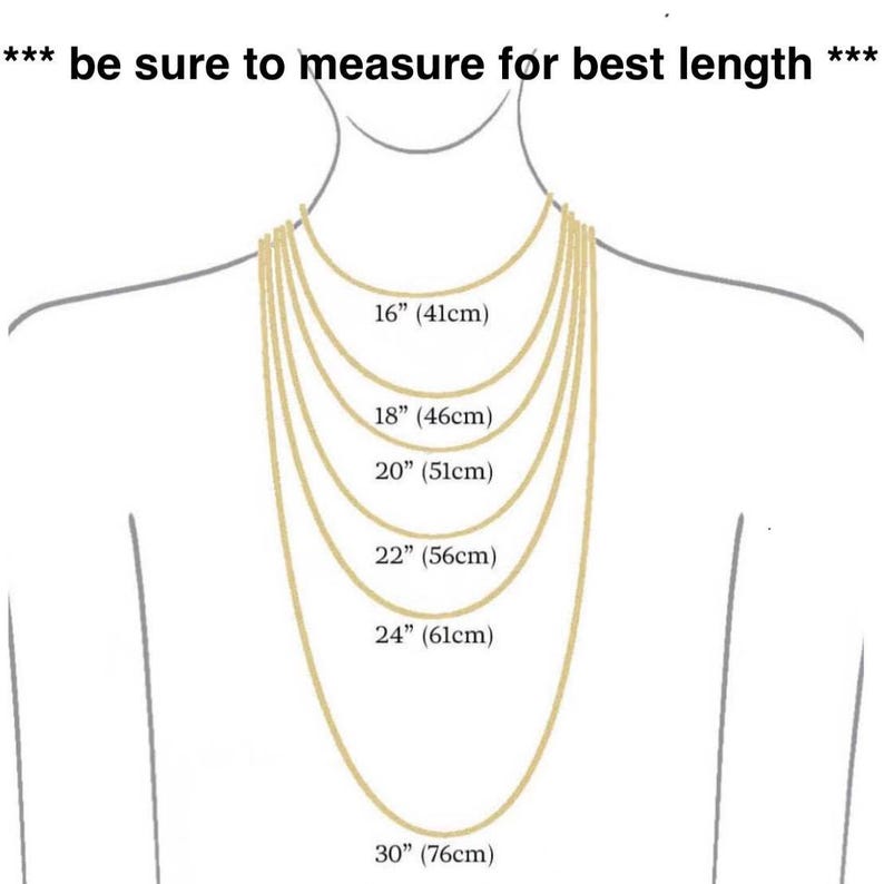 Puede incluir: Ilustraci&oacute;n que muestra las longitudes de los collares. La imagen incluye un diagrama de un cuello con varios collares dorados de diferentes longitudes. Las medidas se proporcionan en pulgadas y cent&iacute;metros, desde 16" (41cm) hasta 30" (76cm). El texto en la parte superior dice "be sure to measure for best length".