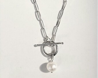 Silver Toggle Clasp Pearl Necklace - paperclip chain - 925 premium plate
