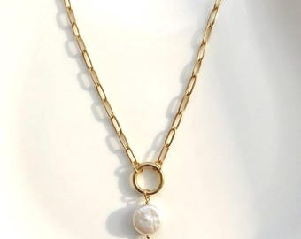 Charm Stacker Pearl Necklace - 14k gold premium-plate - removable coin pearl