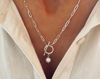 Round Pearl Toggle Necklace – Paperclip Chain - 925 Premium Plate
