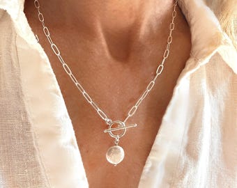 Collar Paoerclip Toggle Coin Pearl con colgante / Baño de plata 925 de primera calidad