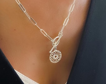 Silver Toggle Flower Necklace – Paperclip Chain - Premium Silver Plate