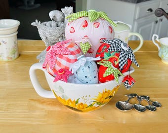 Handmade 5” Black & White Check Juneberry Pincushion and Emery Filled Emeryberry for Sharpening Pins and Needles.  Made To Order Sewing Gift