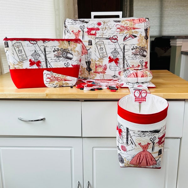 Sewing Machine Cover, Thread Catcher/Scrap Caddy, Pincushion, Project Bag/Zipper Pouch and Scissor Case with Matching Scissors, Red Notions