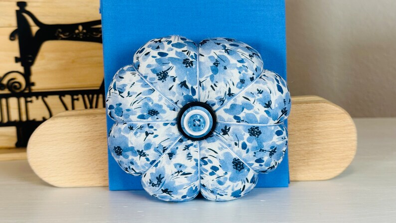 Perfect Size Pincushion,Handmade 4-4.5 Pincushion for Sewing,Quilting, Embroidery, Needlepoint, Crafting, Cross-Stitch, Unique Sewing Gift, Floral/Prov Blue