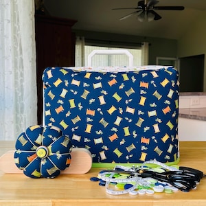 Made to Order Sewing Machine Cover and Pincushion, Sew Fun Spools Dust Cover for Sewing, Quilting, Embroidery, Needlepoint, Crafting.