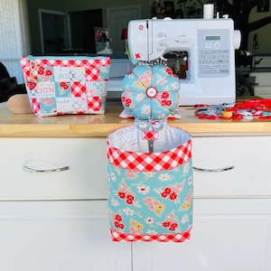 Made to Order Country Floral and Gingham Thread Catcher/Scrap Caddy, Pincushion, Quilted Project Bag, 5” Embroidery Scissor Sewing Set.