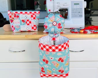 Made to Order Country Floral and Gingham Thread Catcher/Scrap Caddy, Pincushion, Quilted Project Bag, 5” Embroidery Scissor Sewing Set.
