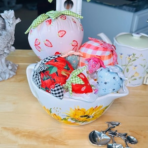 Handmade 5” Pink and Coral Check Jumbo Juneberry Pincushion with Matching Emeryberry for Sharpening Pins and Needles for Sewing and Quilting