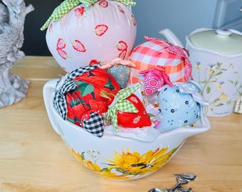 Handmade 5” Pink and Coral Check Jumbo Juneberry Pincushion with Matching Emeryberry for Sharpening Pins and Needles for Sewing and Quilting