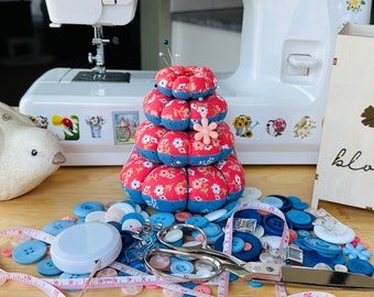 Handmade Stackable Pin Cushion, Flowers and Bees Pin Cushion for Sewing, Quilting, Needlepoint, Cross-Stitch, Crafting, Unique Handmade Gift