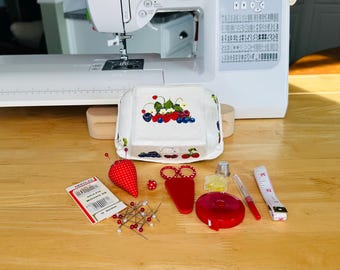 Hand Painted Sewing Kit with Embroidery Scissor, Strawberry Needle Sharpener and Threader, Measuring Tapes, Thimble, Pins, Needles and Wax.