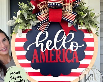 Fourth of July Front Door Hanger | Patriotic Door Hanger | Happy 4th Of July | Fourth of July Door Sign | Fourth Of July Wreath | Hello Sign