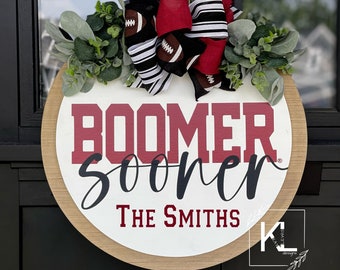 Oklahoma Sooners Front Door Decor | Boomer Sooner Sign | OU Wreath | OU Door Hanger | Oklahoma Sooner Decor | Door Sign | Sports Gift