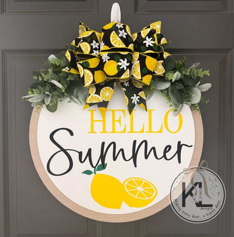 Hello Summer Door Hanger | Front Door Decor | Summer Door Sign | Lemon Sign | Summer Wreath | Front Door Sign | Porch Decor | Decor White
