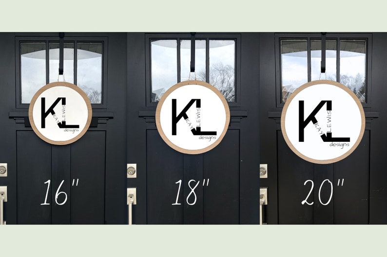 May include: Three round wooden wreaths with a white background and black lettering. The wreaths are 16 inches, 18 inches, and 20 inches in diameter. The lettering on the wreaths reads "Klay Lewis Designs".