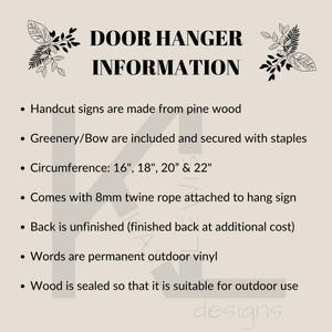 May include: Door hanger information sign with black text on a beige background. The sign lists details about the door hanger, including the materials used, size options, and the fact that it comes with a twine rope for hanging. The sign also mentions that the back of the hanger is unfinished, but a finished back is available at an additional cost.