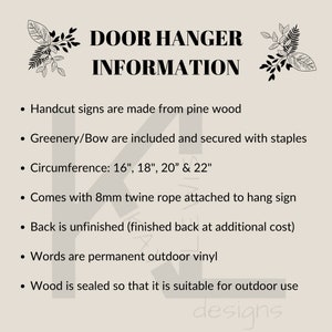 May include: Black and white illustration of a door hanger with greenery and a bow. The text "DOOR HANGER INFORMATION" is at the top of the image. The text below lists the details of the door hanger, including the materials used, the size options, and the fact that it comes with a twine rope for hanging.