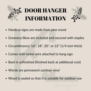 May include: A beige graphic with the text "DOOR HANGER INFORMATION" and bullet points describing the product. The door hangers are made of pine wood, include greenery/bows, and come in various circumferences: 16", 18", 20", or 22".