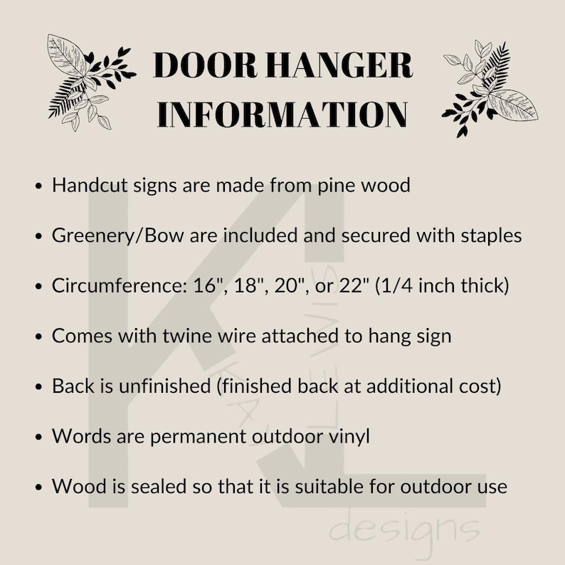 May include: A beige graphic with the text "DOOR HANGER INFORMATION" and bullet points describing the product. The door hangers are made of pine wood, include greenery/bows, and come in various circumferences: 16", 18", 20", or 22".