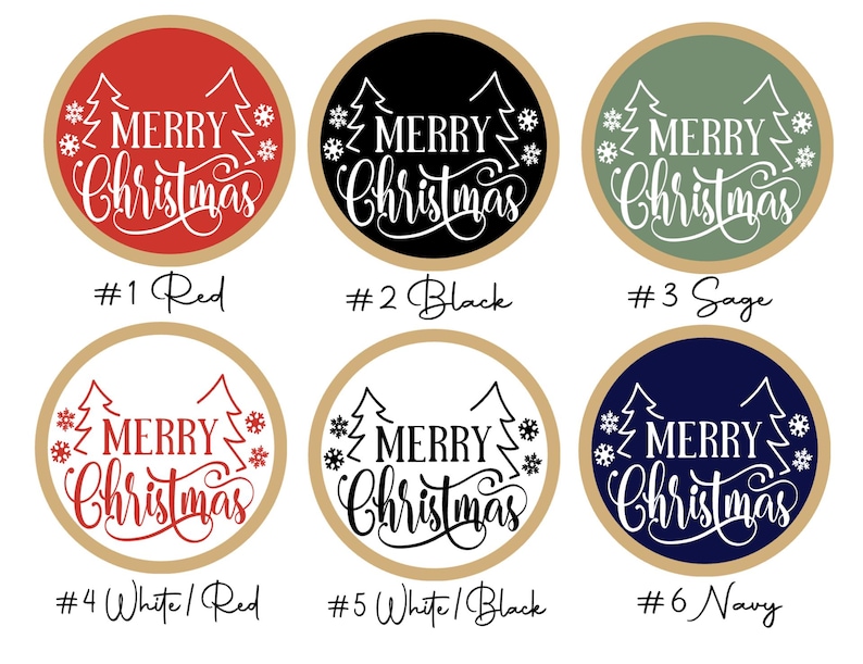 May include: Six circular stickers featuring the text Merry Christmas in a decorative script font, accompanied by line-art pine trees and snowflakes. The designs include red, black, sage green, white with red text, white with black text, and navy blue.