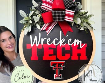 Texas Tech Front Door Decor | Wreck 'Em Sign | Texas Raiders Wreath | Texas Tech Door Hanger | Texas Tech Decor | Door Sign | Sports Gift