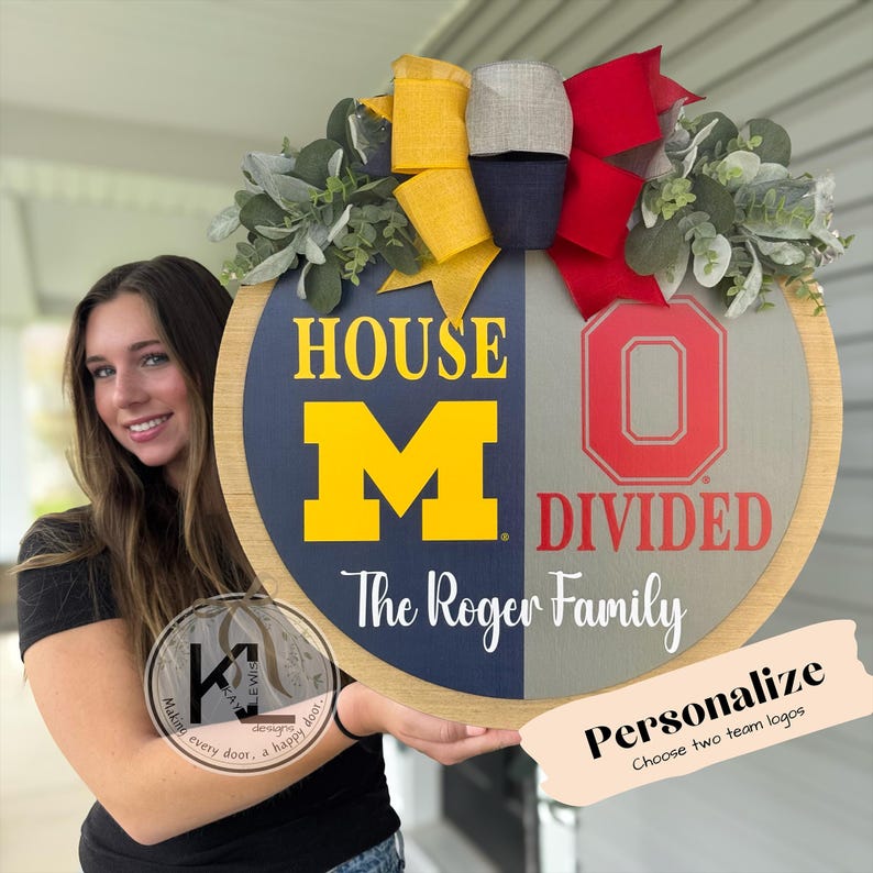 House Divided Door Sign | House Divided Sign | House Divided Wreath | Football Wreath | Football Front Door Decor | Personalized Sports Sign image 1