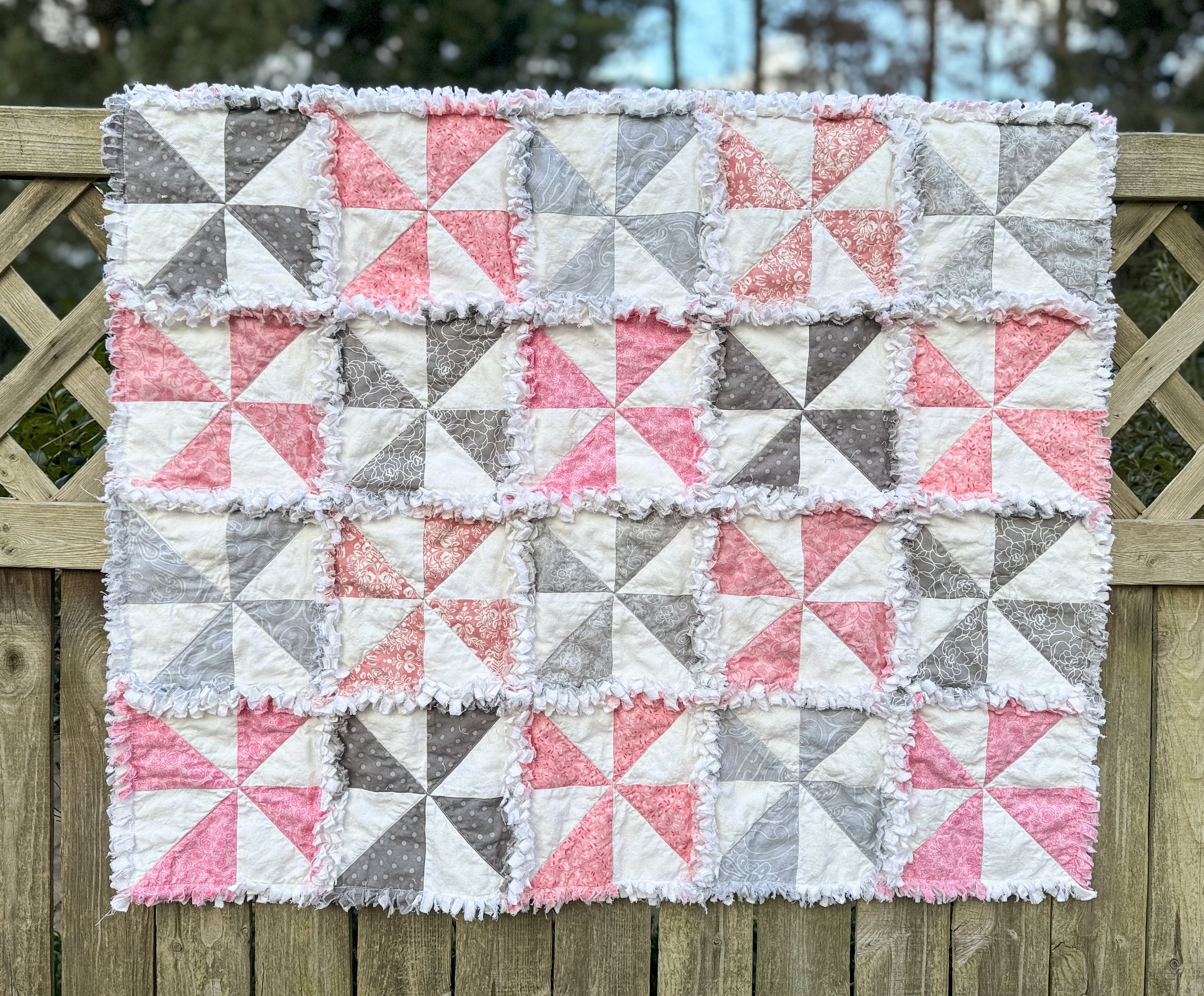 Baby Girl Pink and Gray Pinwheel Rag Quilt, Baby Girl rag Quilt, Baby Girl Quilt, Girl Quilt, Baby Girl Pinwheel Rag Quilt