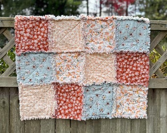 Boho Floral Baby Rag Quilt, 100% Cotton, Nursery Decor
