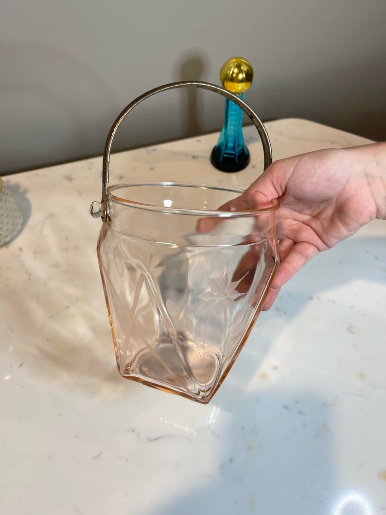 Vintage Pink Depression Glass Ice Bucket With Etched Flowers Etsy