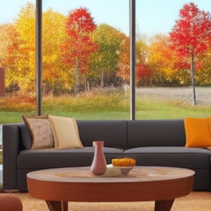 Könnte beinhalten: Ein graues Ecksofa mit Kissen in Orange-, Blau- und Brauntönen steht vor einem großen Fenster mit Blick auf Herbstlaub. Ein Couchtisch aus Holz steht vor dem Sofa.