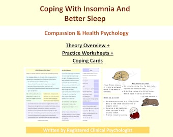 May include: Educational materials titled Coping With Insomnia And Better Sleep, Compassion & Health Psychology, featuring theory overview, practice worksheets, and coping cards with text about circadian rhythms, sleep cycles, and illustrations of animals.
