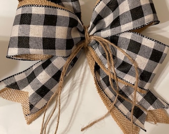 Buffalo Check Bow l Black and White Bow l Burlap Bow l  Wreath Bow l Wreath Center l Black White Wreath Bow l Door Hanger Bow l Wire Bow