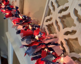 Patriotic Garland, Independence Day Lighted Garland, Rag Garland, Stairway Rag Garland, Summer Mantle Garland, July 4th Fabric Garland