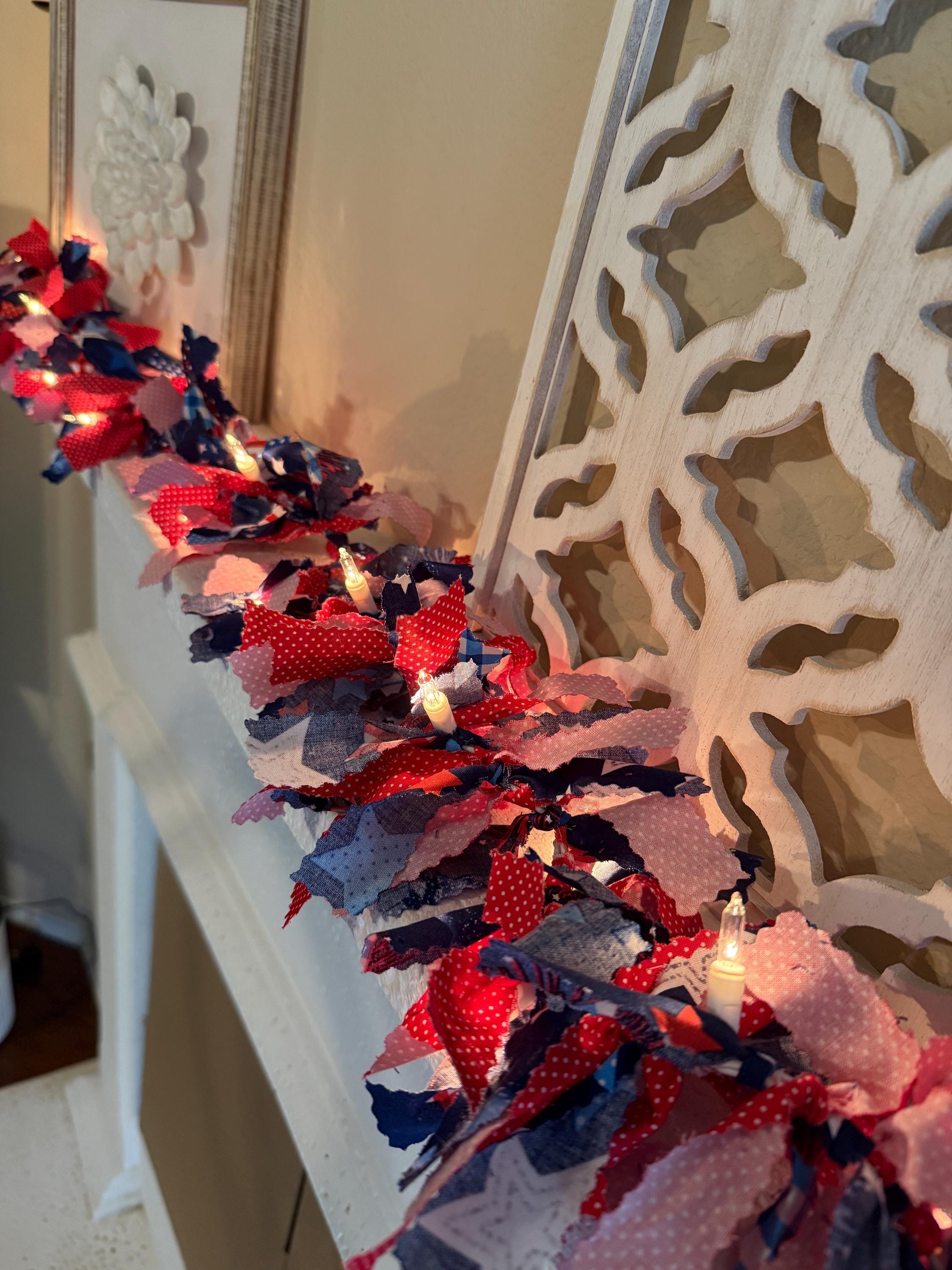 Patriotic Garland, Independence Day Lighted Garland, Rag Garland, Stairway Rag Garland, Summer Mantle Garland, July 4th Fabric Garland