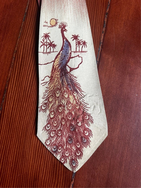 Vintage 40s Hand Painted Tie Peacock - image 1