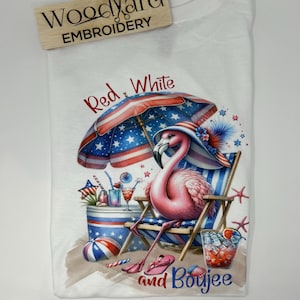 Red White and Flamingo T-Shirt | Boujee 4th of July Beach Tee | Patriotic Flamingo Shirt | Summer Vacation Outfit | Unisex White Tee