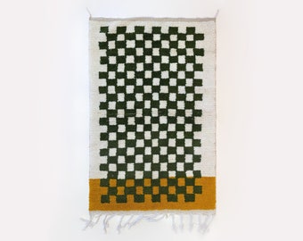 Custom rug Checkerboard Hand-Knotted rub Wool throw Rug | 8x10 rug Green White Moroccan Carpet | Modern Berber rug Kilim Scandinavian Rug