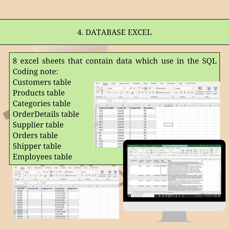 Op de afbeelding: Een screenshot van een computerscherm met acht Excel-spreadsheets die gegevens voor een database bevatten. De spreadsheets zijn gelabeld met "Klanten", "Producten", "Categorie&euml;n", "Besteldetails", "Leverancier", "Bestellingen", "Verzender" en "Medewerkers".