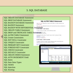 Op de afbeelding: Een diagram dat SQL-databaseopdrachten schetst, waaronder CREATE DATABASE, DROP DATABASE, BACKUP DATABASE, BACKUP, ALTER TABLE, CREATE TABLE, DROP en TRUNCATE TABLE, ALTER TABLE, NOT NULL, UNIQUE, PRIMARY KEY, FOREIGN KEY, CHECK, DEFAULT, CREATE INDEX, AUTO INCREMENT, Dates, Date Data Types, VIEWS, Injection en Hosting.